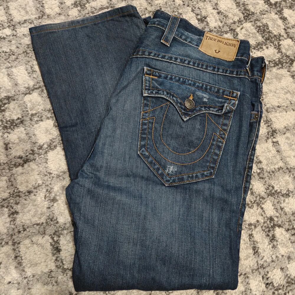 True Religion Ricky Relaxed Straight Jeans Men's 38 Flap Pocket Distressed Blue